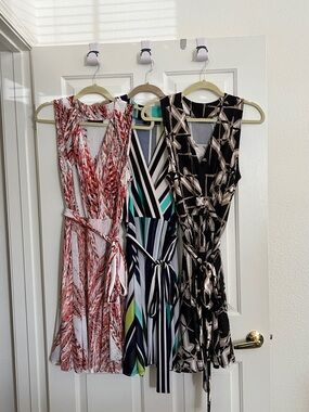 3 Sleeveless Printed Wrap Dresses - White/multi, blue/multi, Black/Taupe size XL